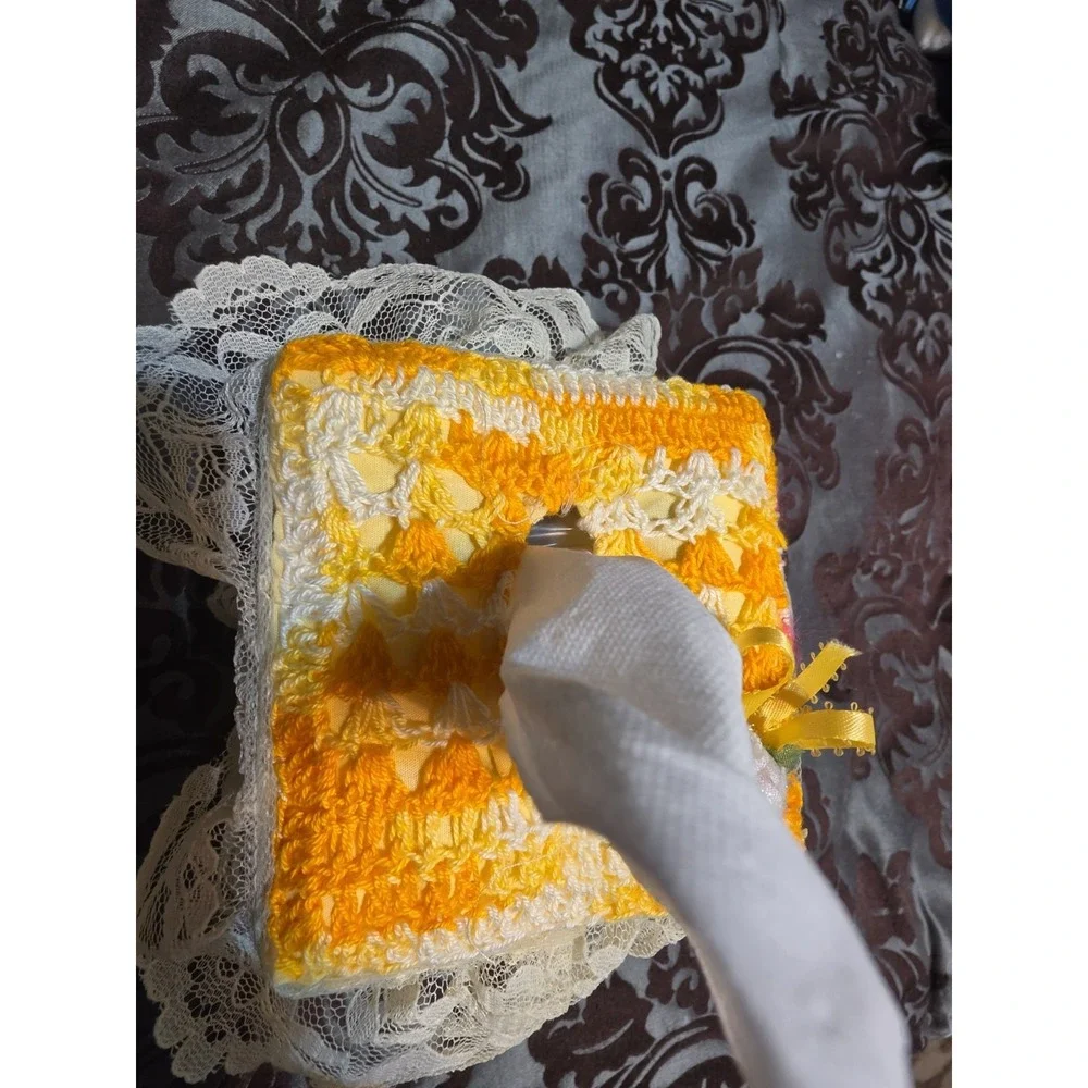 Vintage Tissue Box Cover Cozy Handmade Crochet Orange Yellow White